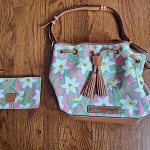 Dooney & Bourke Pink/White Daffodil Leather Shoulder Drawstring Bag